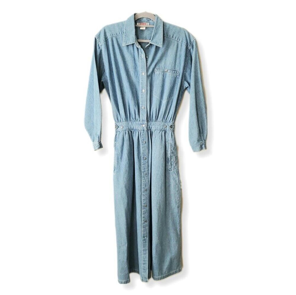 VTG 80s Denim Midi Shirt Jean Dress M Modest Western Cottage Country Cowgirl
